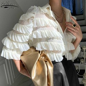 Wiosna Koreańskich Ruffles Bluzka Kobiety Moda Skręcić Down Collar Z Długim Rękawem Topy Loose Cupcake OL Koszula Lady Blusas 13336 210527 \ t