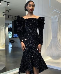 Black Prom Dresses 2022 Formalna Suknia Wieczorowa Party Pagewne Suknie Mermaid Długie Rękawy Puffowe Squins Cekiny Bliski Wschód Dubaj Off Ramię High-Low