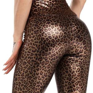 Sexy PU-Lederhose Frauen elastische hohe Taille Hüfte Push-Up schwarze weibliche Leggings Jegging beiläufige dünne Bleistift Leopard 210925