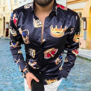 Men's T-Shirts Vintage Crown Print Casual Loose Turn-down Collar Mens Shirts Smooth Long Sleeve Buttons Slim Shirt Streetwear