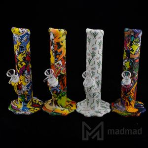 Water Transfer Printing Silicone Food Grade Bong Smoking Bong 10inches mixed colors with Down Stem and Glass Bowl Dab Oil Rig