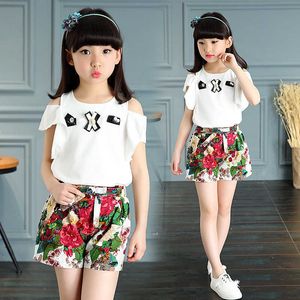 Summer Fashion Bow Pearl T-shirt + Spodnie Kwiatowe Kid Dzieci Odzież Zestaw Odzież Baby Girl Odzież 3-12 Wiek 210615