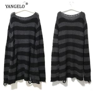 Punk Gothic Long Unisex Sweater Summer Women Striped Cool Hollow Out Hole Broken Jumper Loose Rock Thin Dark Streetwear Top 210922