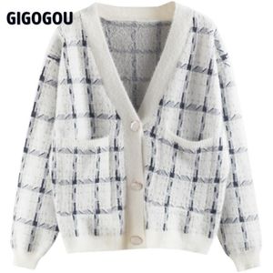 Gigogou överdimensionerade kvinnor cardigan tröja imitation cashmere mink knit jumper topp rutig chic kvinna vinter varm kappa jacka 211011