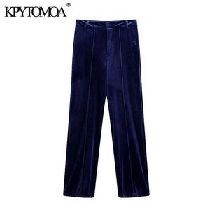 Kpytomoa النساء 2020 الأزياء مع التماس التفاصيل مستقيم المخملية السراويل خمر ارتفاع الخصر سستة ذبابة الإناث بنطلون موهير Q0801