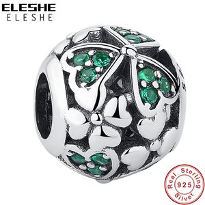 Eleshe Green Clear CZ Crystal Clover Bead 925 Sterling Silver Charms Fit Original BraceletsBangles Kobiety DIY Jewelry Q0531