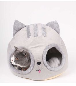 キャットベッド洞窟キャットヘッド形のペット子猫クッション冬暖かいペットキャットハウス210713