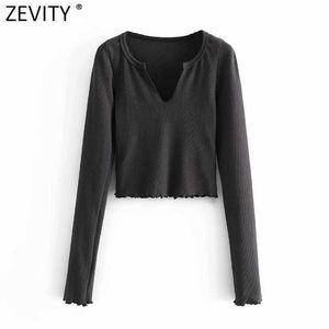 Zevity Women Simply V Neck Split Solid Color Krótkie Chic T Shirt Damskie Długie Rękaw Hem Ruffles Casual Slim Crop Tops LS7620 210603
