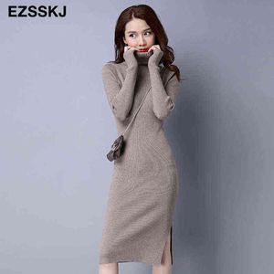 Ciepła Jesień Zima Meduim Długie Kobiety Sweter Sukienka Split Side Turtleneck Robe Kobieta Elastyczność Slim Bodycon Dzianiny Długa Dress G1214