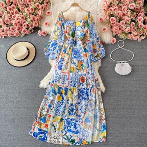 Vestidos casuais 2021 designer de moda boho maxi vestido mulheres longas lanterna manga azul e branco porcelana floral festa de impressão floral