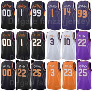 スクリーンプリントバスケットボールDevin Booker Jerseys 1 Deandre Ayton 22 Mikal Bridges 25 Chris Paul 3 Cameron Johnson 23 Jae Crowder 99黒紫白人男女青少年