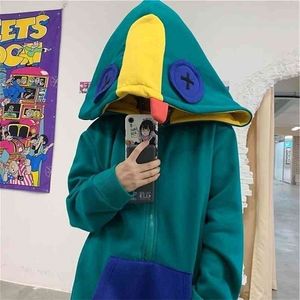 Deeptown Frog Hoodie Splice Zip Up Hoodies Women Long Sleeve Winter Fashion Korean Style Plus Velvet Warm Sweatshirt Women 210909