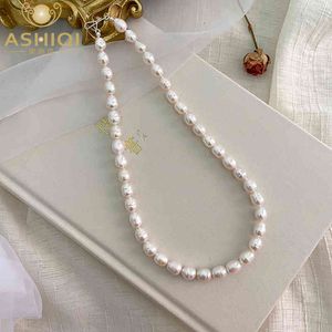 Ashiqi Natural Freshwater Pearl Halsband 925 Sterling Silver Spänne Smycken för Kvinnor Mode Gift
