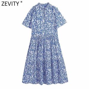 Zevidade Mulheres Vintage Blue Floral Cópia Casual Uma Linha Midi Vestido Feminino Agaric Lace Chic Manga Curta Quimono Vestidos DS8377 210603