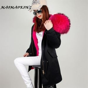 Marke Frauen Winter Jacke Lange Abnehmbare Futter schwarz Parkas Große Echte Waschbär Pelz Mit Kapuze Mantel Outwear 201019