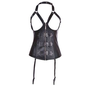 NXY sexy set Plus Size Wetlook Leather Open Bust Corset Underbust Lingerie XXL Sexy Steampunk Buckle Halter Lace Up Corselet Black 1130