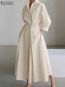 Übergroße elegante Frauen Herbst Sommerkleid ZANZEA Mode Revers Hals Langarm solide lange Hemd Kleid OL Vestidos Robe Femme Y220228