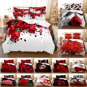 Set biancheria da letto rosa rossa Copripiumino trapuntato Federa per cuscino 3d Hd Doppio completo Re Queen Doppia singola 3 pezzi 2 pezzi Camera da letto Fiore