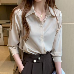 Table Tops оптовых-Женские блузки рубашки атласная рубашка с длинным рукавом белый столешница верх