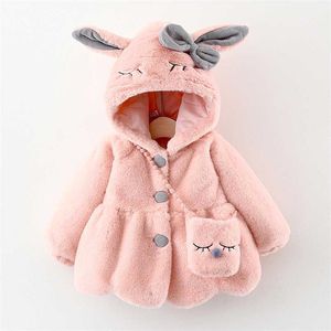 Autumn Winter Warm Hooded Baby Jackets Cute Rabbit Ears Plush Infants Coat Christmas Outerwear Baby Girl Clothes Birthday Gift 211023