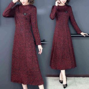 Winter Koreanische Vintage Casual Gestreiften Maxi Kleid 2021 Bodycon Elegante Party Vestidos Herbst Rot Gestrickte 5XL Plus Größe Midi Kleid g1214