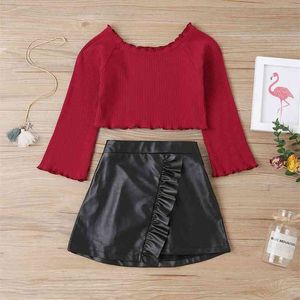 Inverno crianças conjuntos casual manga longa t-shirt sólida de couro pu preto saia preto 2 pcs meninas roupas 18m-6T 210629