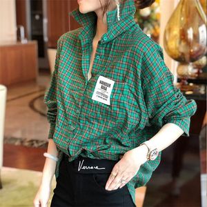 Primavera Outono Coreia Moda Mulheres Manga Longa xadrez Camisas All-Matched Casual Collar Soltar Loose Green Bluses S696 210225