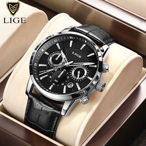 2021 LIGE Watches Mens Top Brand Luxury Clock Casual Leathe 24Hour Moon Phase Men Watch Sport Waterproof Quartz Chronograph+Box gtrhfhfhcdre