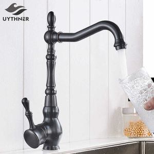 Kitchen Sink Faucets Retro Brass Black Bronze Single Handle Kitchen Basin Faucets Deck Mounted and Cold Water Mixer Tap 210724