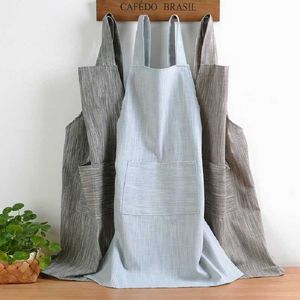 Japanese Style Solid Color Cotton Hemp Unisex Apron Coffee Shops Work Cleaning Aprons For Kitchen Supplies 210622