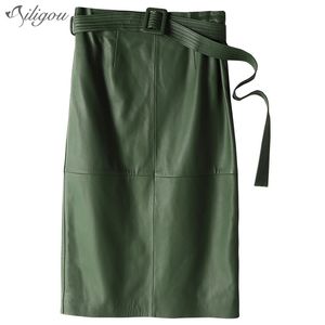 Summer Women Luxury PU Leather Skirt High Street Green & Khaki Black Sheap Genuine Touch Straight 210525