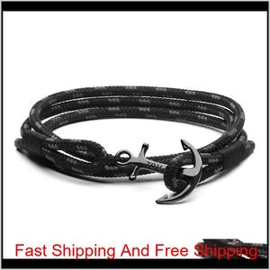 Tom Hope Bracelet 4 Size Handmade Triple Black Thread Rope Bracelet Bangle Stainless Steel Black Anchor Charms Bracelet With Box And T V6Mle