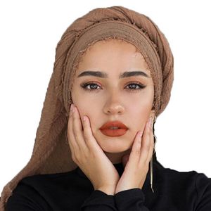 Женщины Crinkled Hijab Scarf Сплошная хлопчатобумажная мусульманская головная платка исламская долина Fleme Musulman шаль и обертка мгновенный хиджаб 180 * 100см