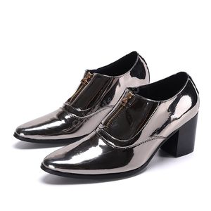 Nightclub Party High Heel Men Real Leather Shoes Fashion Silver Formal Dress Shoes Zipper Male Dancer Short Boots