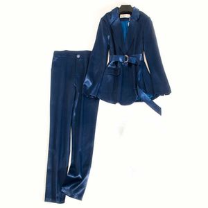 Calças de mulheres profissionais elegantes terno macacão de duas peças de alta qualidade outono de mangas compridas senhoras Ladies Brilhante Jaqueta Slim Calças 210527