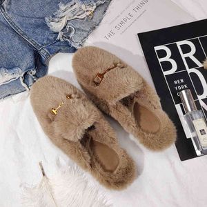 Pure color fleeciness artificial fur warm outdoor shoes slip-proof soft women's flat shoe Autumn winter women's household slipper