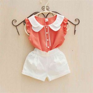 Flickor Blusar Sommar Barnkläder Solid Färg Kids Chiffon Ruffle Shirts Fashion Teenage Ärmlös Blus 4 8 12 16t 210622