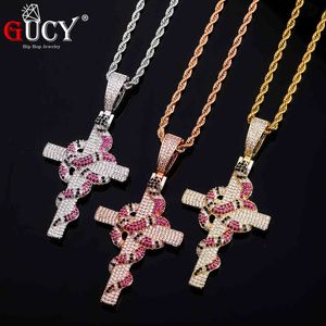 GUCY Snake Winding Cross Pendant Necklace Iced Out Cubic Zirconia Pendant Hip Hop Jewelry For Man Gifts X0509