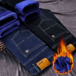 Плюс размер 42 44 46 мужская зимняя джинсы синий флис утолщенные теплые черные джинсовые брюки мужские бренды бизнес прямые брюки упругость G0104