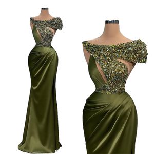 Gorgeous Olive Mermaid Satin Silk Prom Dresses Cekiny Krótki Rękaw Kryształowy Sukienka Wieczorowa Pldys Kobiety Vestidos Custom Made