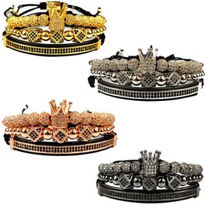 3 pçs / set Luxo CZ Crown Pulseira de Cobre Beads Trançado Macrame Pulseira