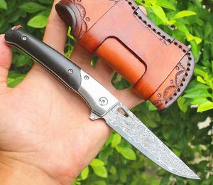 Specail Offer Flipper Folding Knife VG10 Damascus Steel Drop Point Blade Rosewood + Stainless Steels Handle EDC Pocket Knives With Leather Sheath