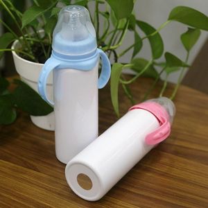 8oz Blank Sublimation Baby Feeding Sippy Bottle Pink Blue Double Wall Vacuum Nipple Handle Unbreakable Sublimation Bottle FY4693