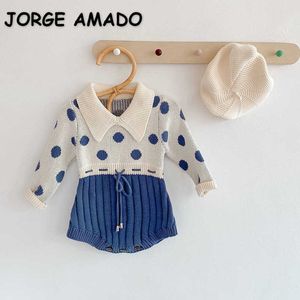 Spring Girl Bodysuit Patchwork Dot Long Sleeves Elastic Waist Sweater Jumpsuit born Cute Style Clothes E2127 210610