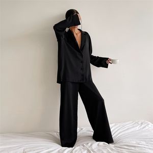 Hiloc Oversized Satin Silk Sleepwear Low Cut Sexy Pajamas For Women Single-Breasted Long Sleeves Wide Leg Pants Trouser Suits 211211