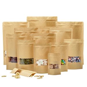 100pcs lot Stand Up Kraft Paper Bag Reusable Sealing Pouches with Transparent Window Storage Bags for Dried Food Coffee Nuts