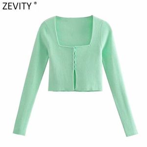 Zevity Women Vintage Square Collar Slim Short Green Knitting Sweater Kvinna Chic Sommar Tunna Cardigans Beskurna Toppar S718 210603