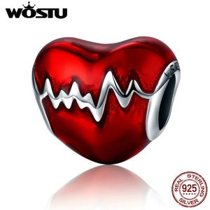 Wostu 925スターリングシルバーハートビートビーズフィットオリジナルWSTチャームブレスレットDIYジュエリーギフトQ0531