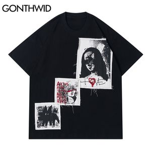 T-shirt Streetwear Hip Hop Graffiti Patchwork Punk Rock Gothic Tees Koszule Mężczyźni Harajuku Casual Bawełna Krótki rękaw Topy 210602