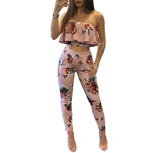 Off Shoulder Sexy Floral Print Jumpsuits Två Piece Backless Club Rompers Womens Jumpsuit Stropless Full Bodysuit Sommar Overaller 210607